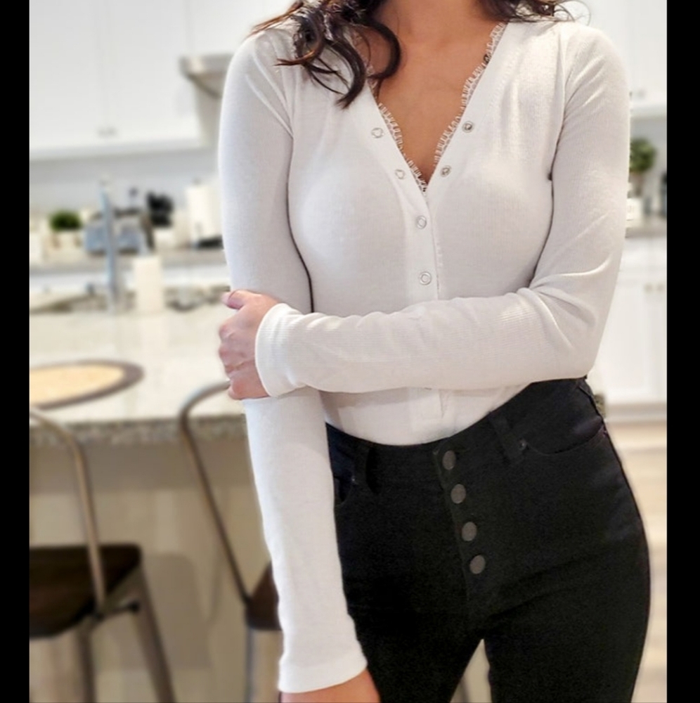 Lace V Neck Long Sleeve Body Suit With Snap Button-White